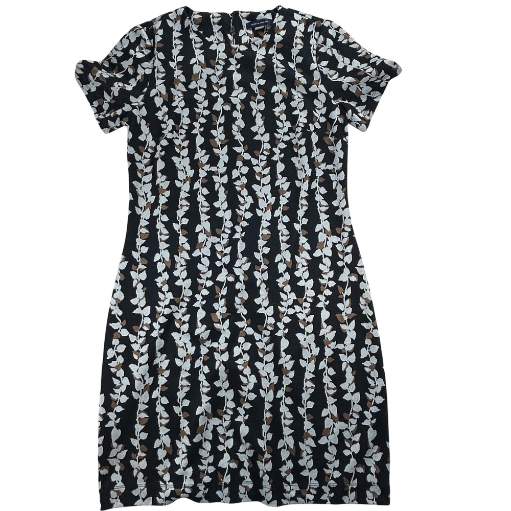 Tommy Hilfiger Vine Print Knit Shift Dress Women 4 Black Short Sleeve Mod Preppy